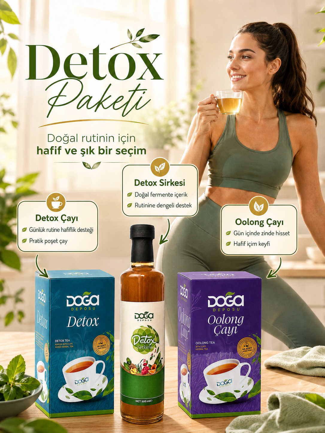 3’lü Detox Paketi | Oolong Çayı, Doğal Fermente Detox Sirkesi, Detox Bitki Çayı