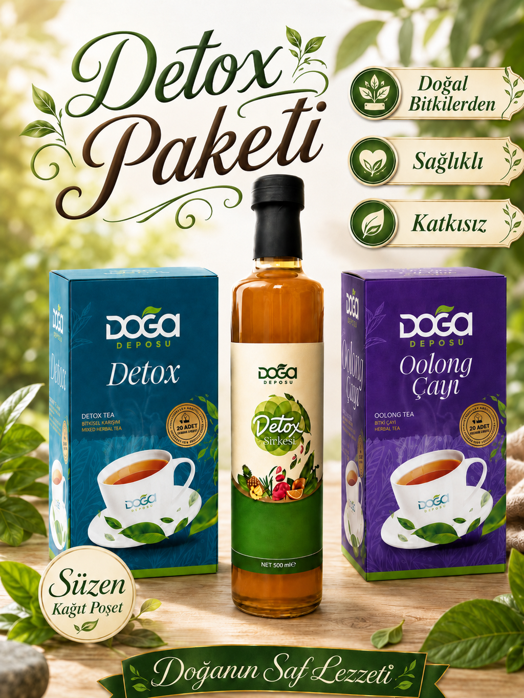 3’lü Detox Paketi | Oolong Çayı, Doğal Fermente Detox Sirkesi, Detox Bitki Çayı